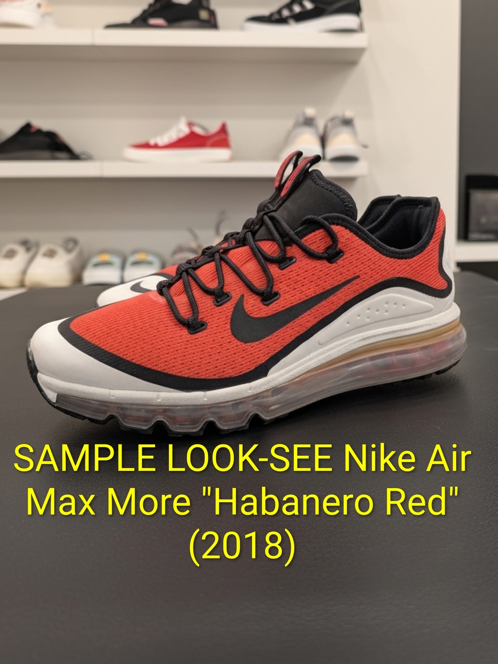 SAMPLE Nike Air Max More "Habanero Red" (2018) M10/W11.5 EUC